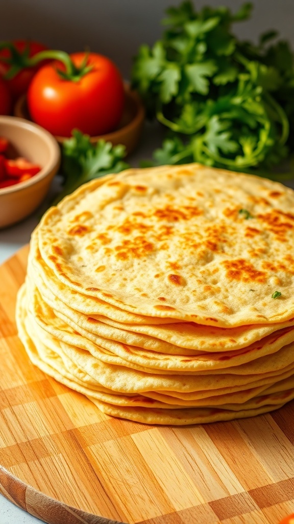 A stack of warm homemade tortillas on a wooden board with fresh ingredients for tacos.